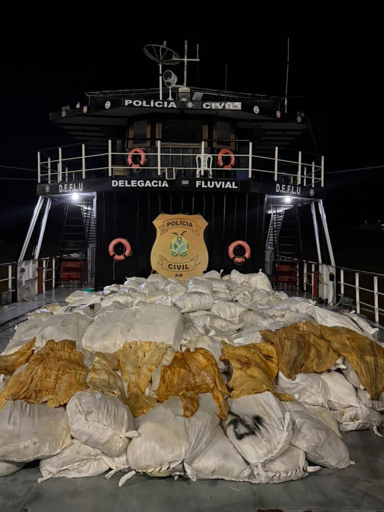 Base Paulo Pinto Nery: PC-AM apreende 12 toneladas de pirarucu seco em embarcação próximo à Itacoatiara